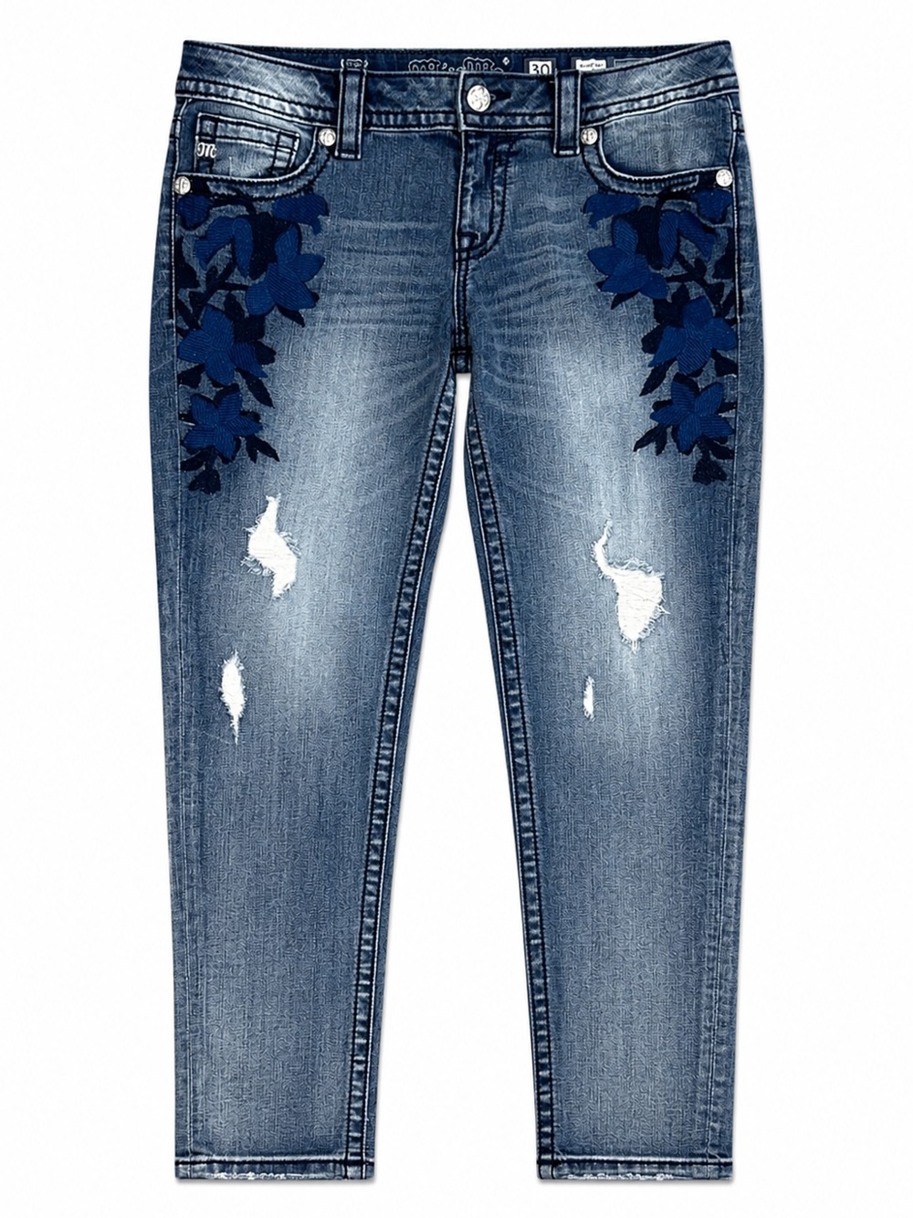 Miss Me Signature Ankle Skinny Embroidered Floral Low Rise Blue Denim Jeans 30